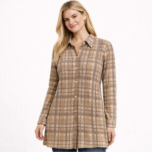 EUC Susan Graver Weekend Printed Brushed Waffle Knit Shirt Beige Tan XXS